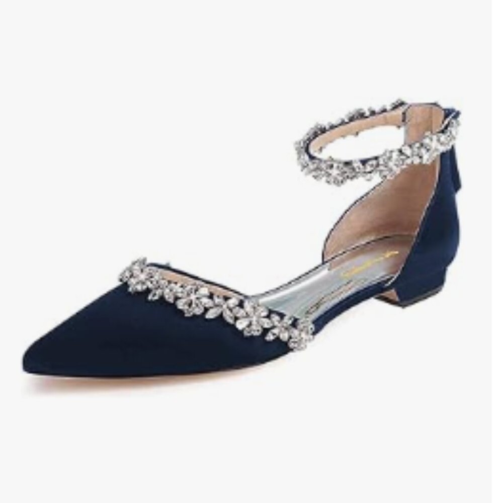 XYD Navy Pointed Toe D'Orsay Wedding Sandal Sparkly Rhinestones Ankle Strap Shoe